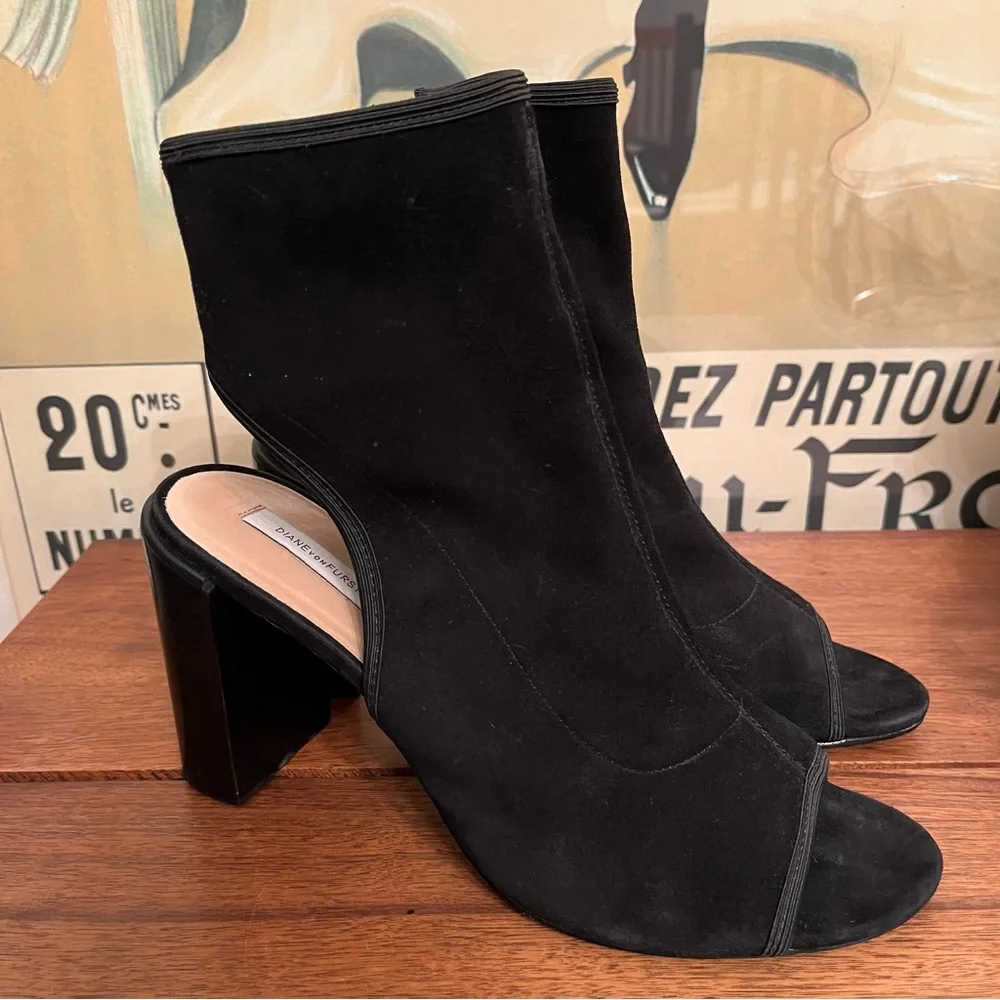 Diane von Furstenberg Black Suede Panina Open Toe Booties